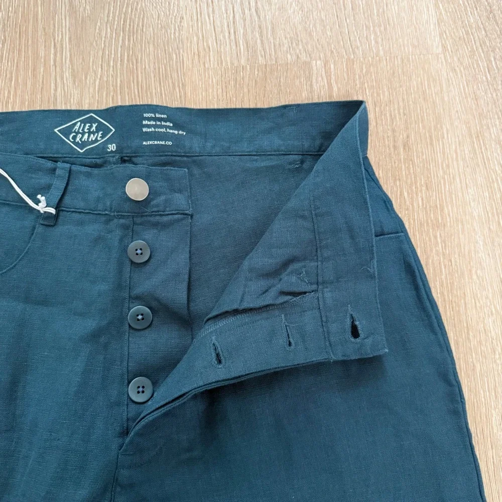 Alex Crane Cham Linen Pants Mens 30 Dark Teal Blue Green Straight Leg Button Fly